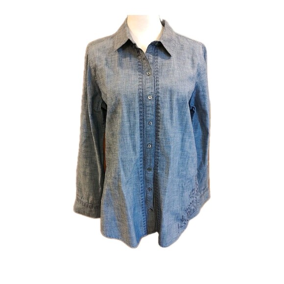 J Jill Top Womens Med Blue Chambray Long Sleeve Embroidered Casual Boho Western - Picture 1 of 10